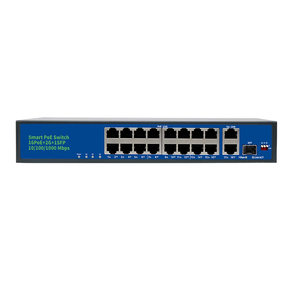 16 портовый коммутатор PoE, 2 канала связи Gigabit Ethernet, 1 порт SFP, 250 Вт 802.3af/at, Неуправляемый коммутатор Plug& Play PoE