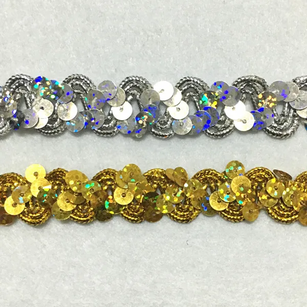 

15yards Laser Gold/Silver 15MM embellished Applique sequins belts lace trim ribbon sequin fabric Sew On Dress Clothes Curtain