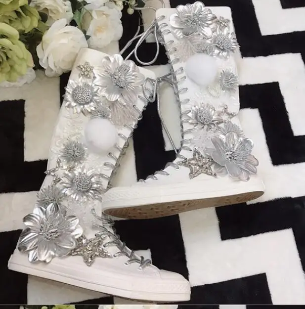 

Hot Fashion Elegant White Canvas Mid-Calf Shoes Zip Round Toe Women's Shes Crystal Flat With Women's Boots