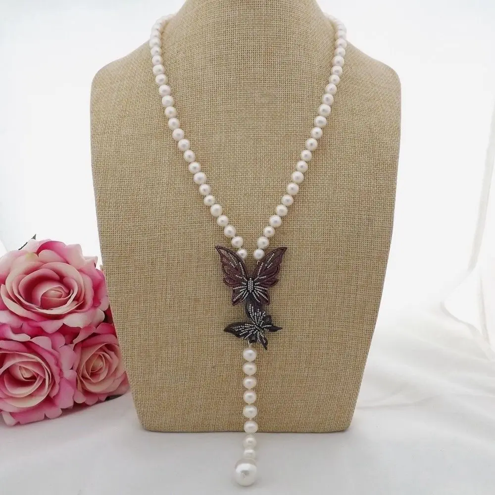 

K100202 22" White Pearl Sea Shell Pearl Necklace CZ Pendant