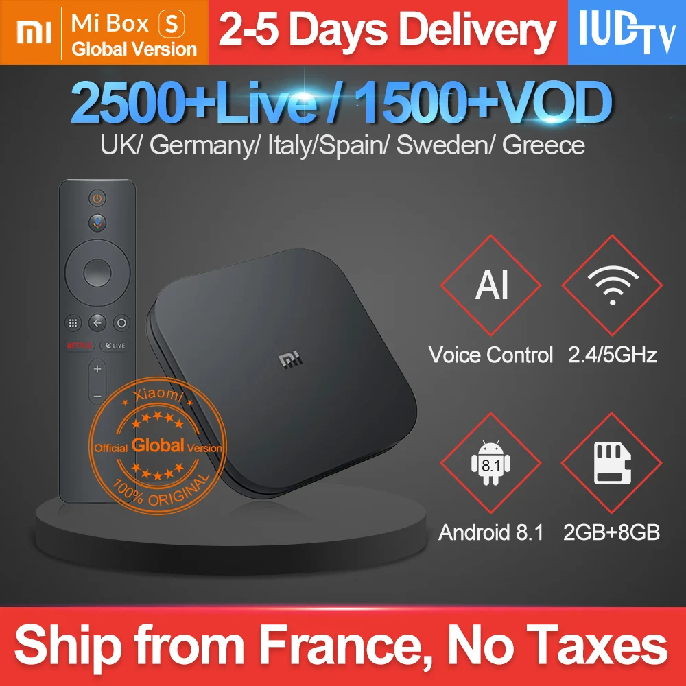 

IPTV Sweden UK Spain Italy IUDTV Xiaomi MI Box S Android 8.1 2G+8G BT Dual-Band WIFI Netflix Google Player Germany Sweden IP TV