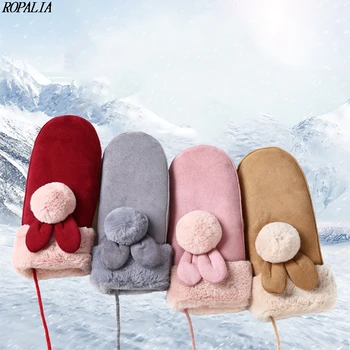 

Women Printed Gloves Fingerless Cartoon Knitted Stretch Warm Suede Fabric Full Finger Mittens Sweet Gloves
