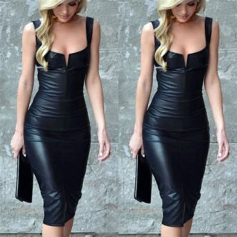 2018 Fashion Sexy Women PU Leather Black Dress Mesh Sleeveless Turtleneck Clubwear Party Dresses Vestidos Verano #F#40SP256