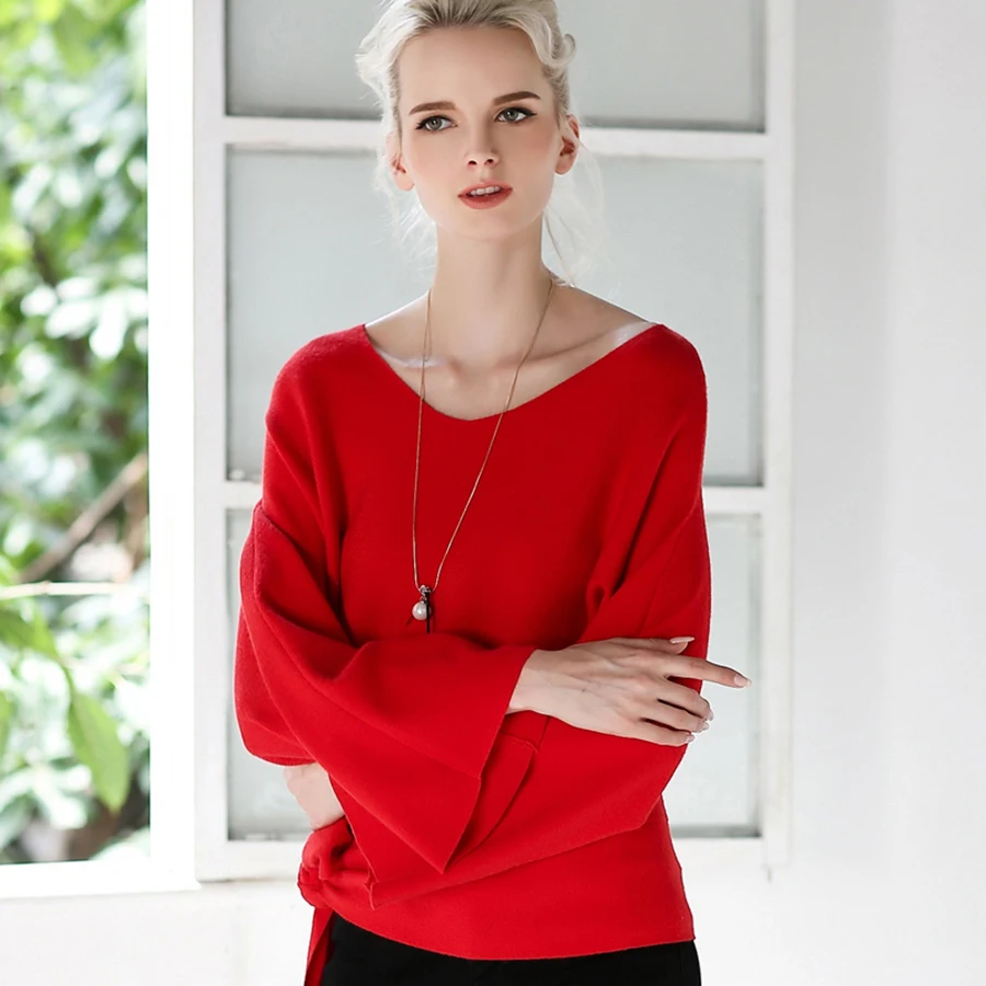 Red V Neck Knitted Pullover Sweater Women Winter Cute Christmas Flare