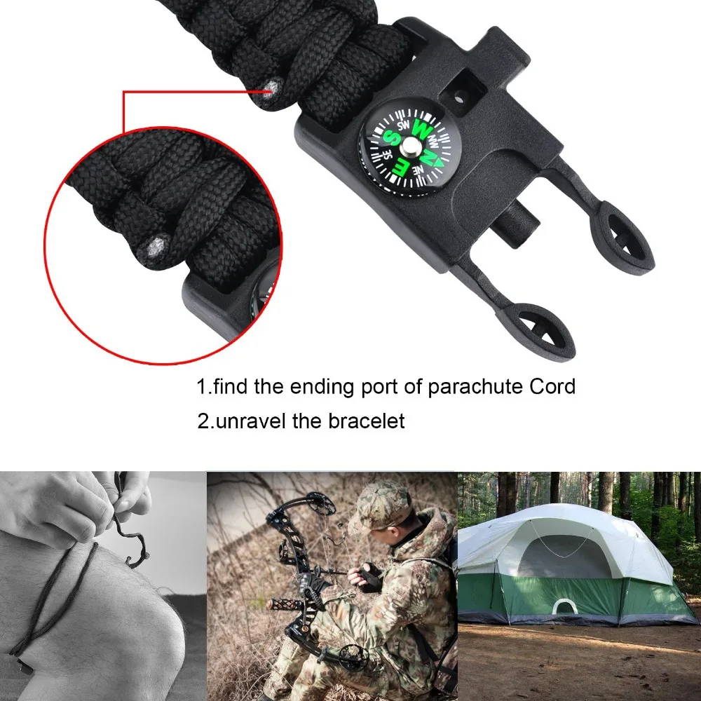 Paracord Rope 550 Camping Survival Kits Parachute Wristband Rescue Bracelet Whistle Compass Outdoor camping survival tools