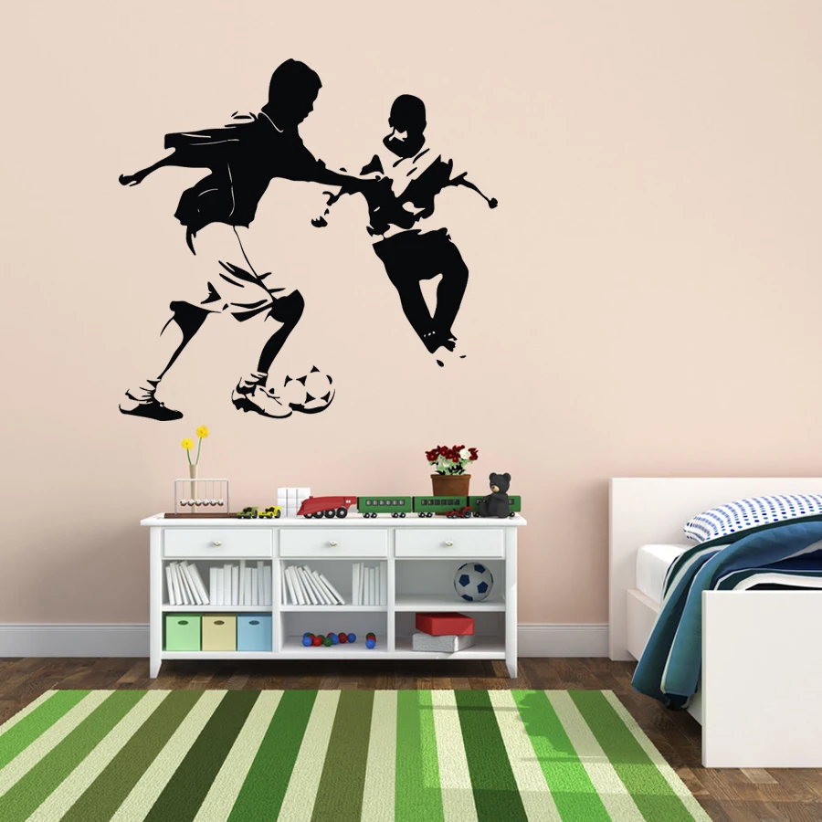Two Boys Play Soccer Player Football Wall Stickers For Nursery Boys