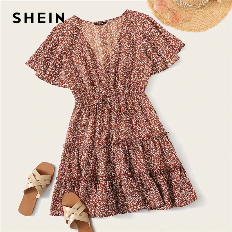 Женское Короткое платье SHEIN летнее Бохо с запахом цветочным принтом v образным