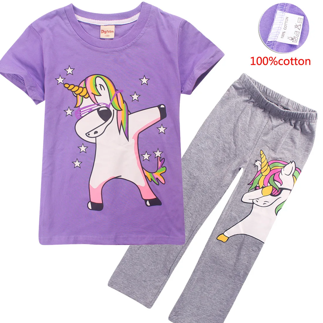 

2019 Summer Unicorn T-shirts and trousers Boy and Girl Casual Unicorn Pajama set Print Cotton Tshirt suits Cartoon Tops+Pants