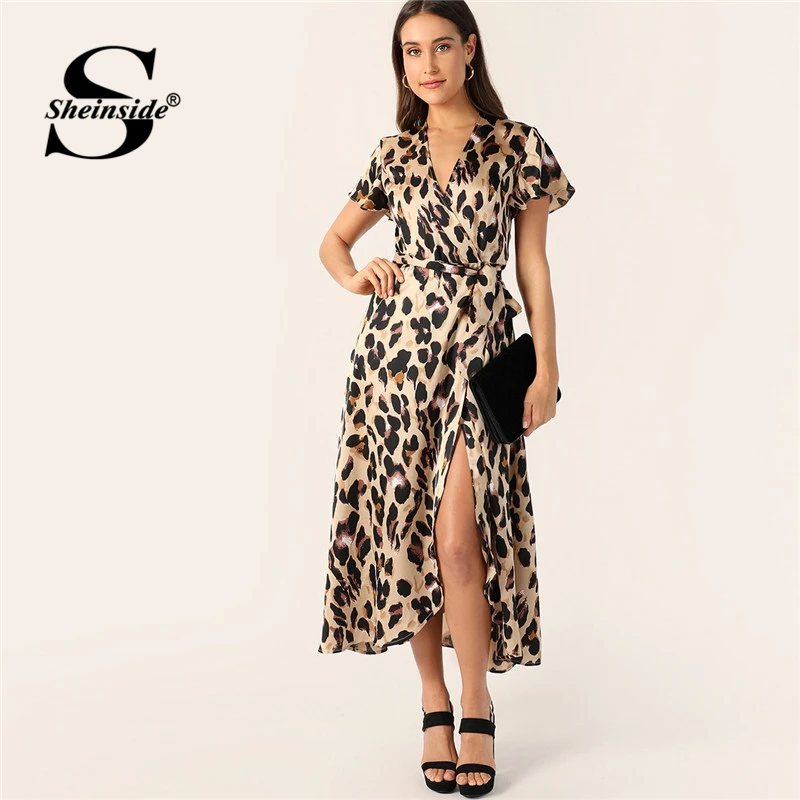 

Sheinside Split Belted Wrap Satin Leopard Dress Fit and Flare Boho High Waist Dresses Deep V Neck Women 2019 Summer A Line Dress