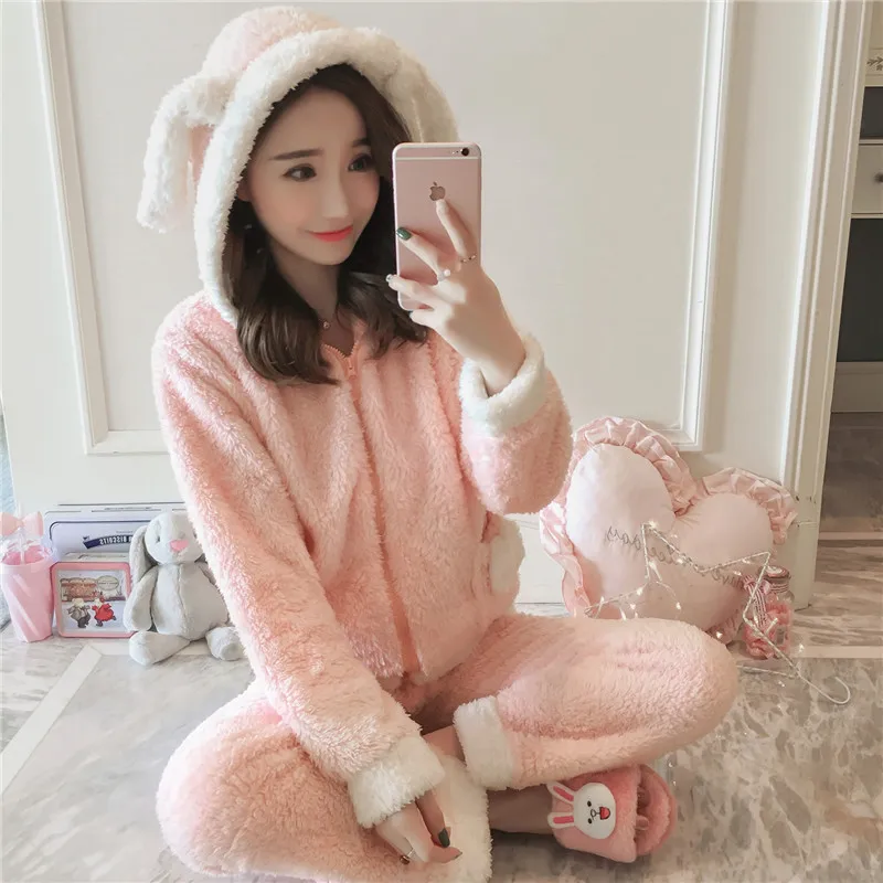 Women Pajamas Winter Autumn Flannel Suits Cartoon Sleeping Clothes Two Piece Zipper Hooded Warm Nightys 2018 Female Pajama JW304 (6)
