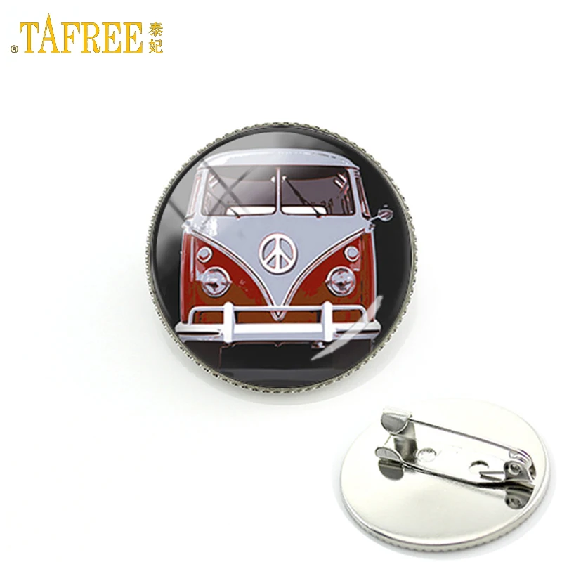 

TAFREE 2017 new design peace sign van bus brooch pin fashion silver color glass cabochon hippie car badge brooches CT89
