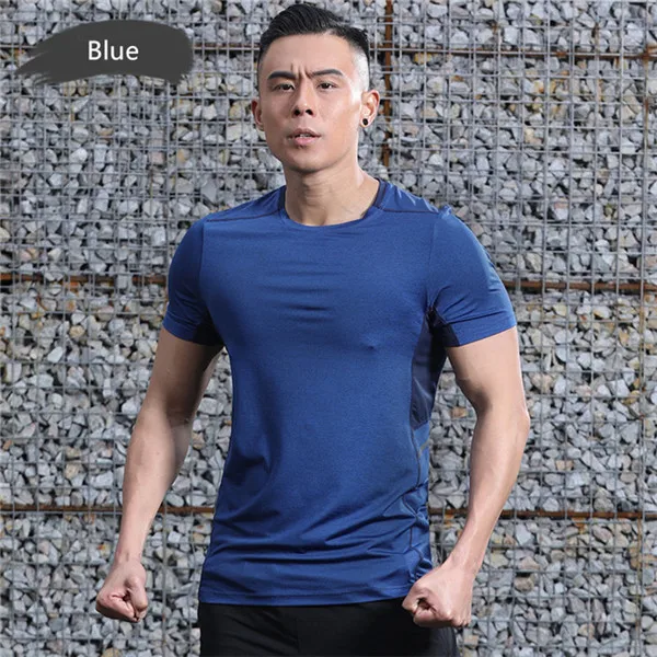 blue Для мужчин спортивная рубашка для бега короткий рукав быстросохнущая тренировки по футболу баскетболу футболка дышащая мужская Спортивная одежда спортивный костюм Y50 - Цвет: blue