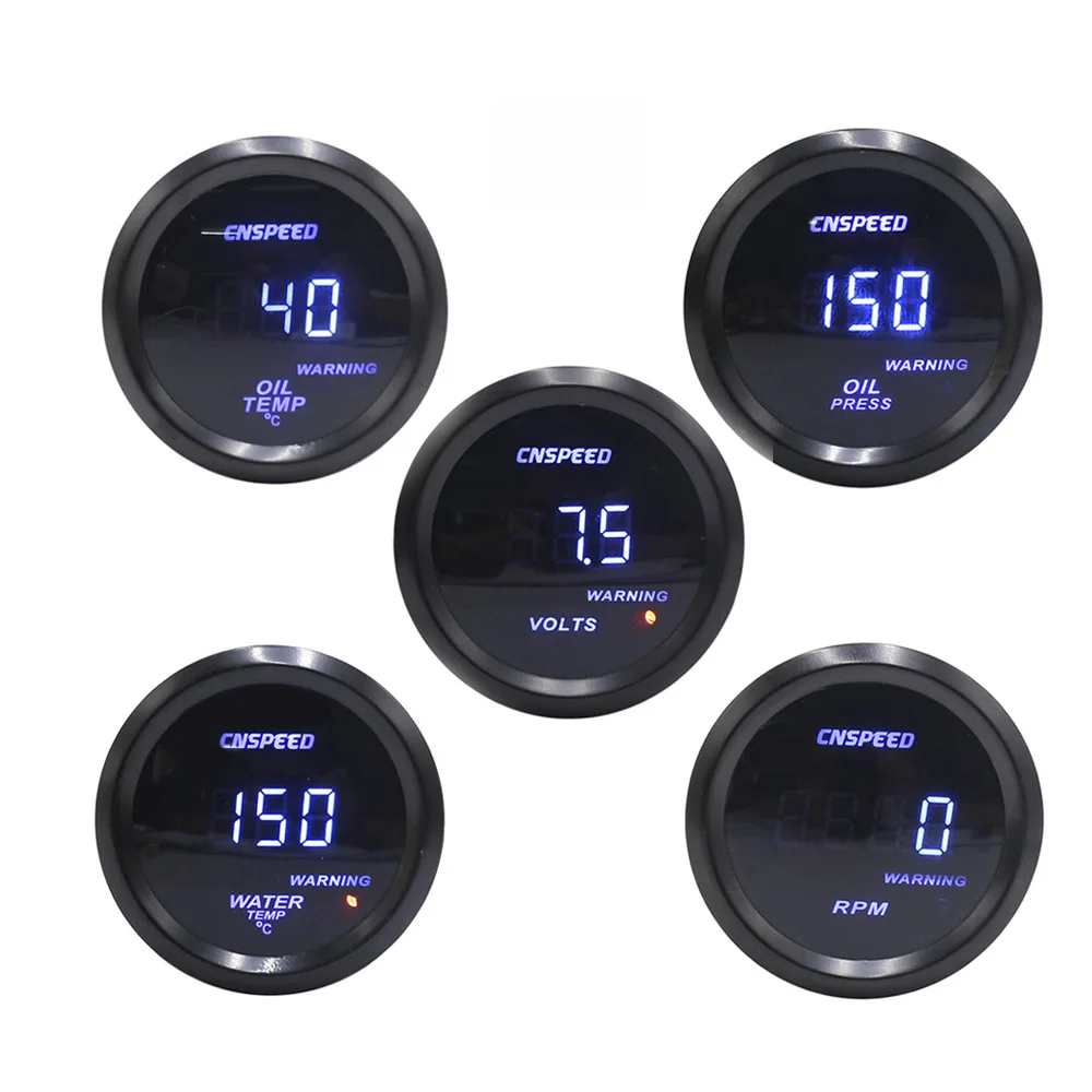 CNSPEED 2" 52mm Car Digital Tachometer Rpm Gauge Turbo Boost Gauge PSI Voltmeter Water Temp Oil