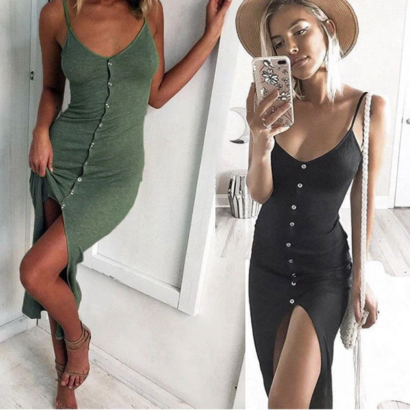 

Bohemian Summer Sexy Bandage Dress Women Sleeveless V-Neck Skinny Solid Button Ankle-Length Long Dress Vestidos