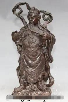 

11" Chinese Bronze Carving Dragon Beast Stand Guan Gong Yu Warrior God Statue