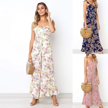 

2019 Fashion Women Jumpsuit Sleeveless Floral Jumpsuit Summer Romper Wide Leg Trousers Womens O-Neck Casual Beachwear Outfits