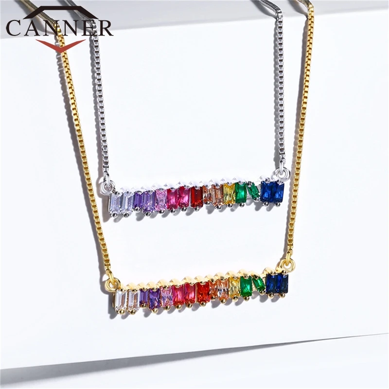 CANNER Rainbow Crystal/Rhinestone Necklace Women Pendant Necklace Gold Chain Choker Necklaces for Women Geometric collier FO