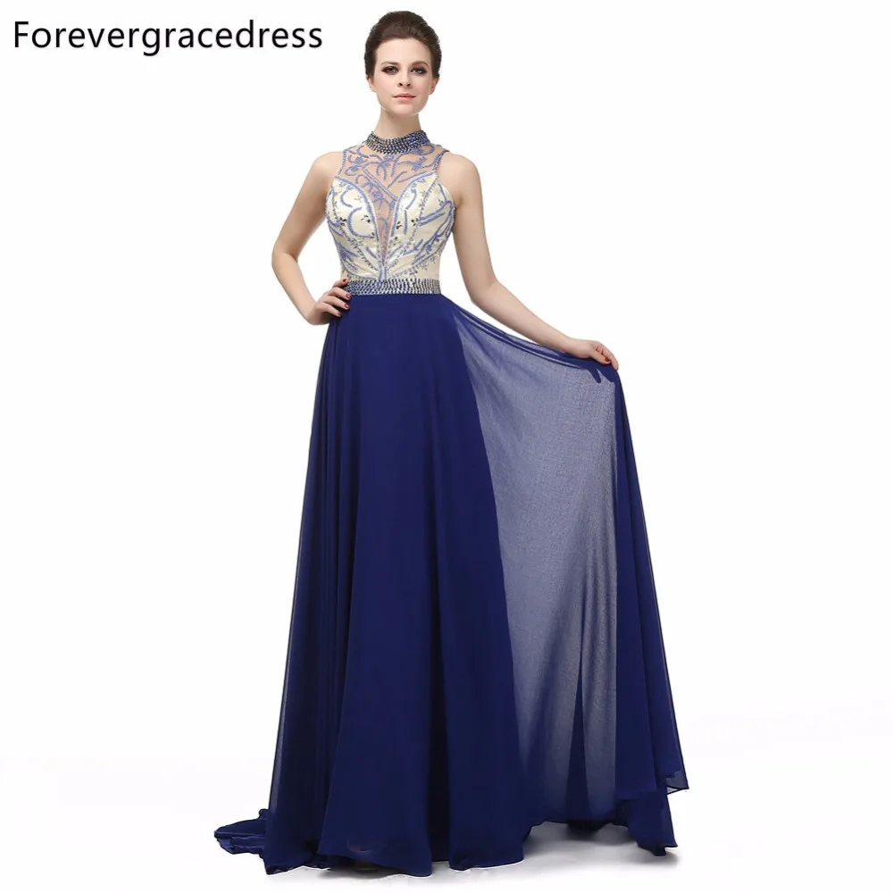 Forevergracedress Real Photos Navy Blue Evening Dress A Line High Neck Beaded Backless Long Party Gown Plus Size Custom Made | Свадьбы и
