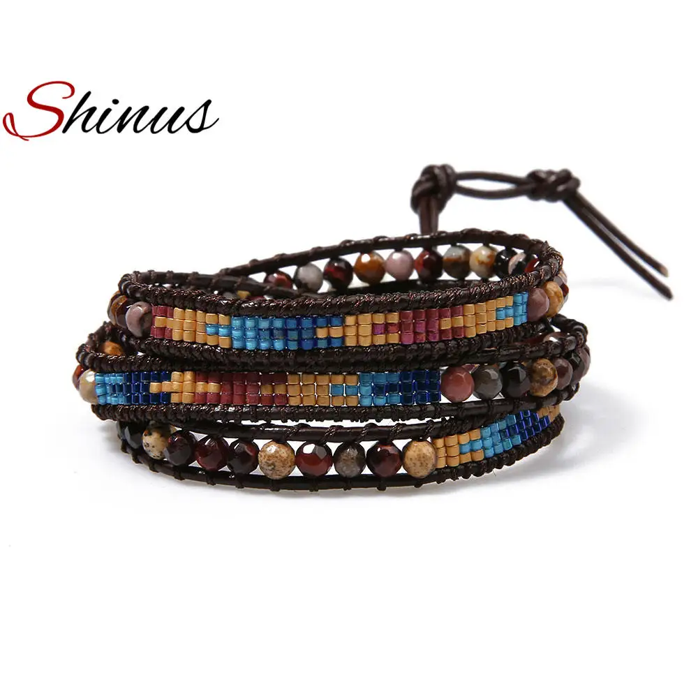 

Shinus MIYUKI Bracelet Multi-Wrap Bracelets Women Seed Beads Boho Jewelry Her Gifts Black Leather Pulseira Femme Handmade Design