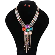 Women Austrian Crystal Rhinestone Flower Pendant Necklace Simple Tassel Chain Necklaces Earring Party Dress Jewelry Sets