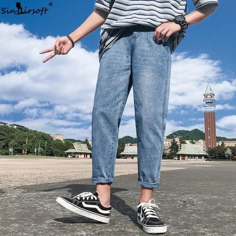 

Denim Pure Blue Casual Pencil Pants Men Skinny Button Waist Jeans Ankle-Length Pants Male Slim Streetwear Summer Trousers Hot