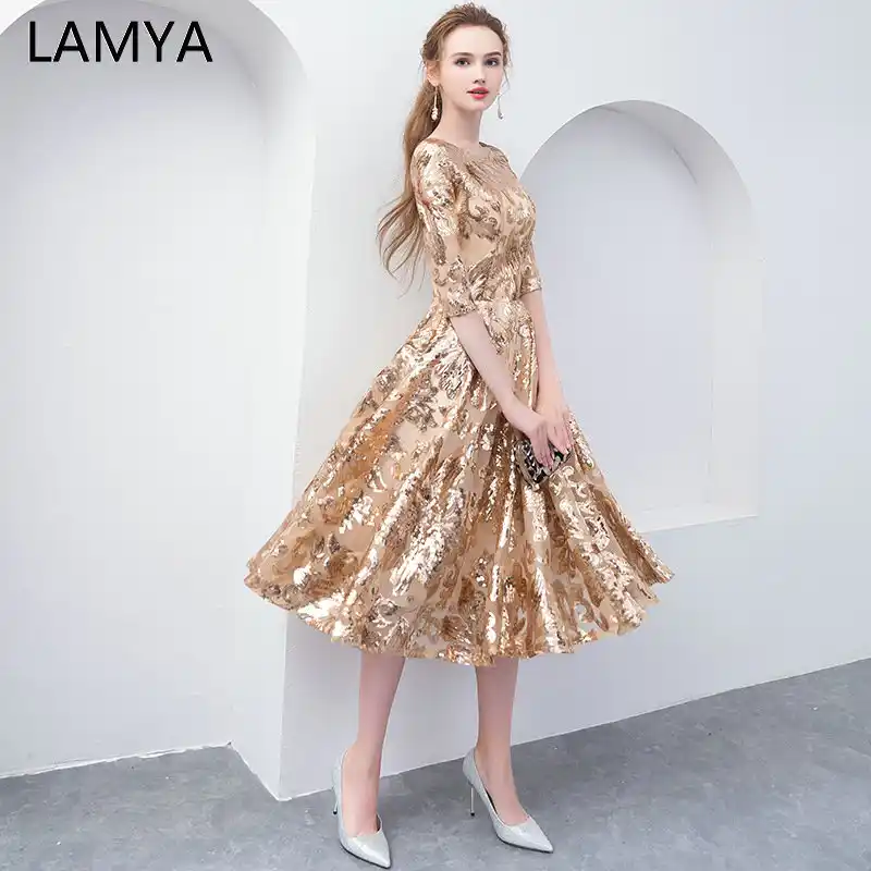 knee length gold sequin dress