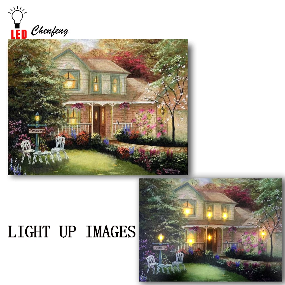 

Lighted canvas print Garden path with sweet house Led oil painting Christmas Canvas Wall Art home decor new year gifts