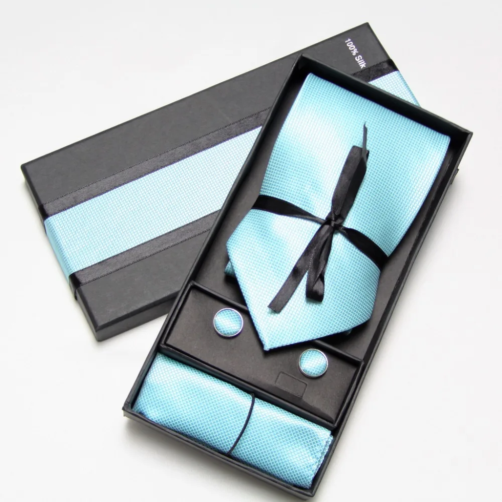 Men Tie Sets Neck Tie Hankerchiefs Cufflinks 10 colours Box gift polyester handmade