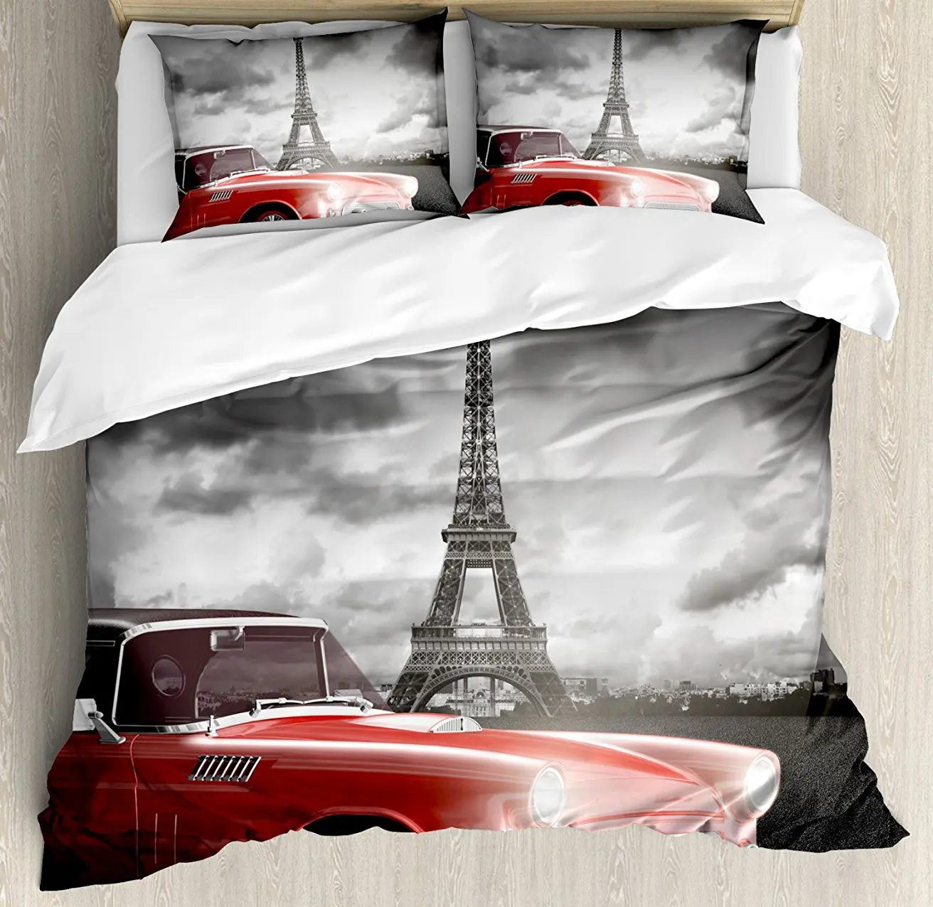 

Duvet Cover Set, Vintage Car with Tour Eiffel in Cold Cloudy Day Romantic Theme Retro Style Art Photo, 4 Piece Bedding Set
