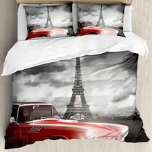 Funda de edredón conjunto vintage coche con Tour Eiffel en frío día nublado tema romántico estilo Retro arte foto 4 piezas conjunto ropa de cama