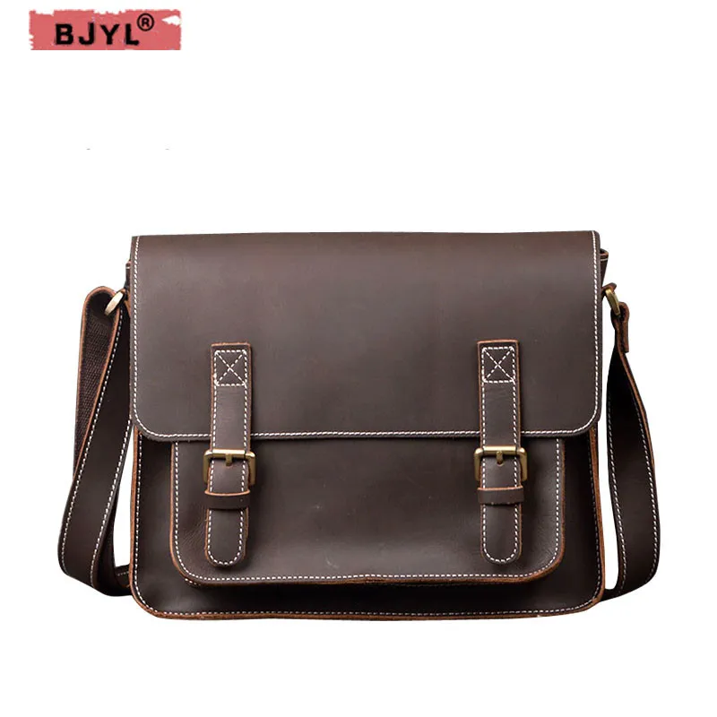 

BJYL Genuine Leather Men bag crazy horse leather male shoulder bag head cowhide handbags personalized messenger bag briefcase