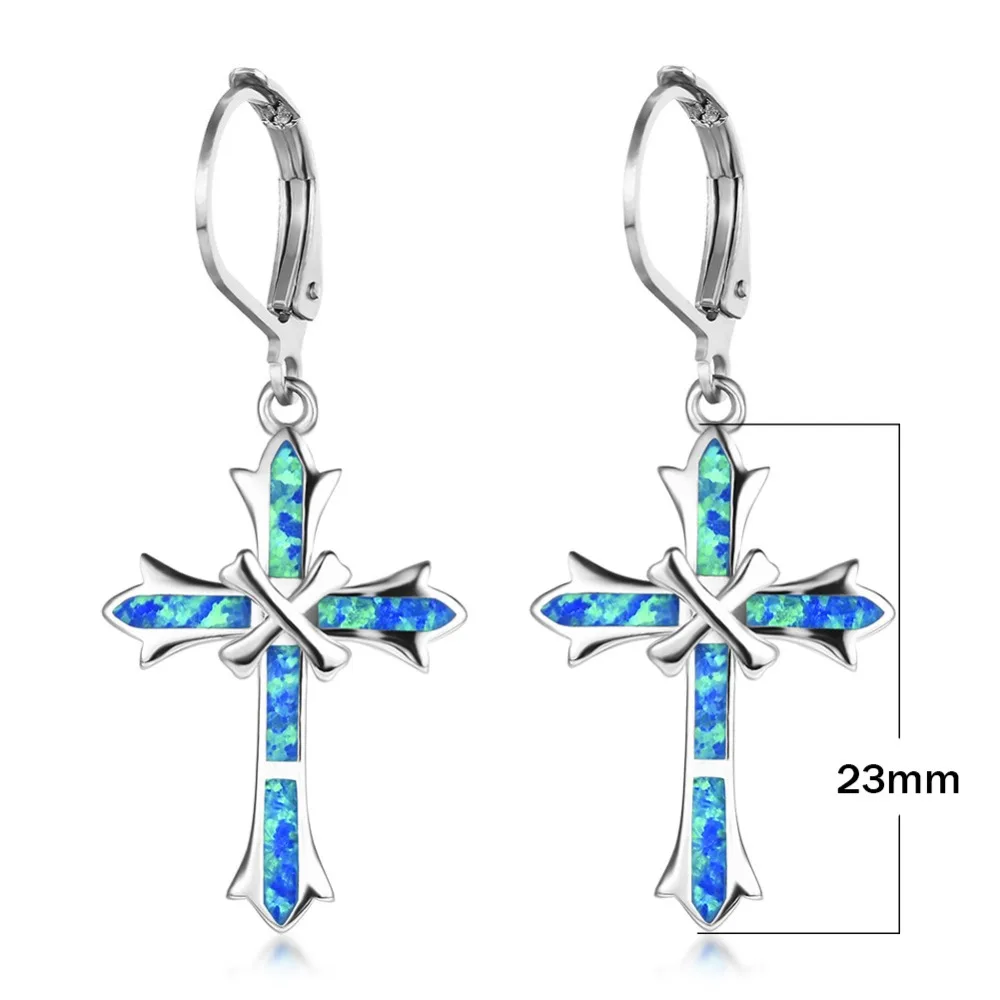 23MM Statement Charm 925 Sterling Silver Clip Earrings Luxury White/Blue Fire Opal Cross Earrings For Women Jewelry Gifts