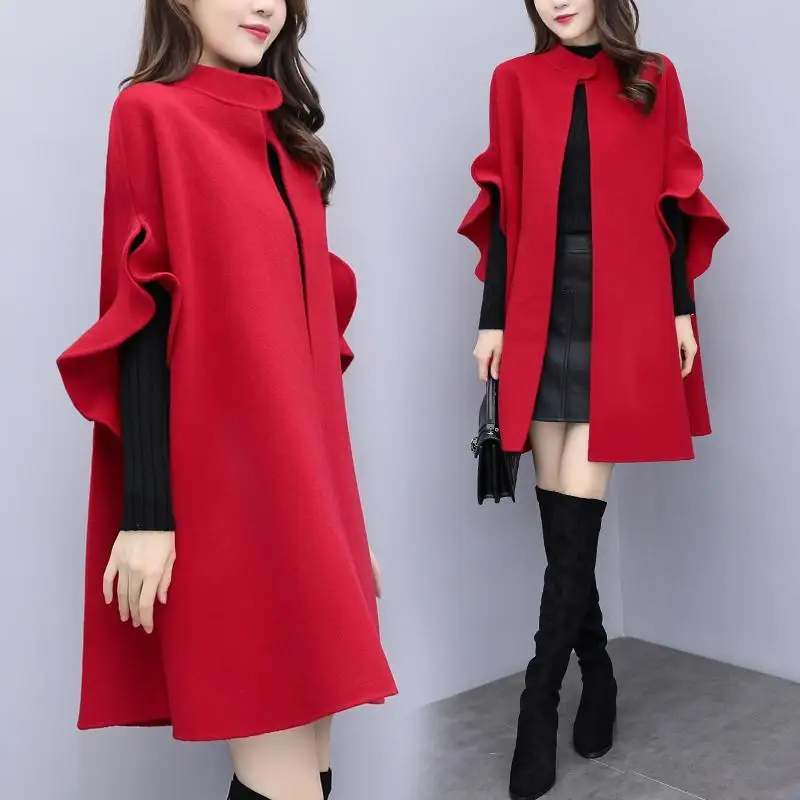 

2019 Female long coat polyester A-line wool blends solid O-neck single button fall and winter office lady