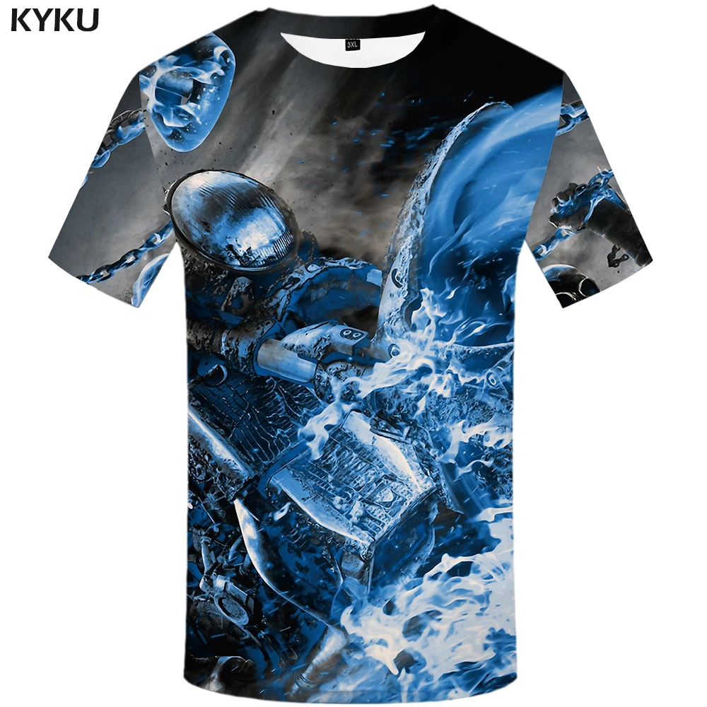

KYKU Motorcycle T shirt Men Flame Tshirts Casual Metal Tshirt Printed Mechanical T-shirts 3d Gothic Shirt Print Short Sleeve
