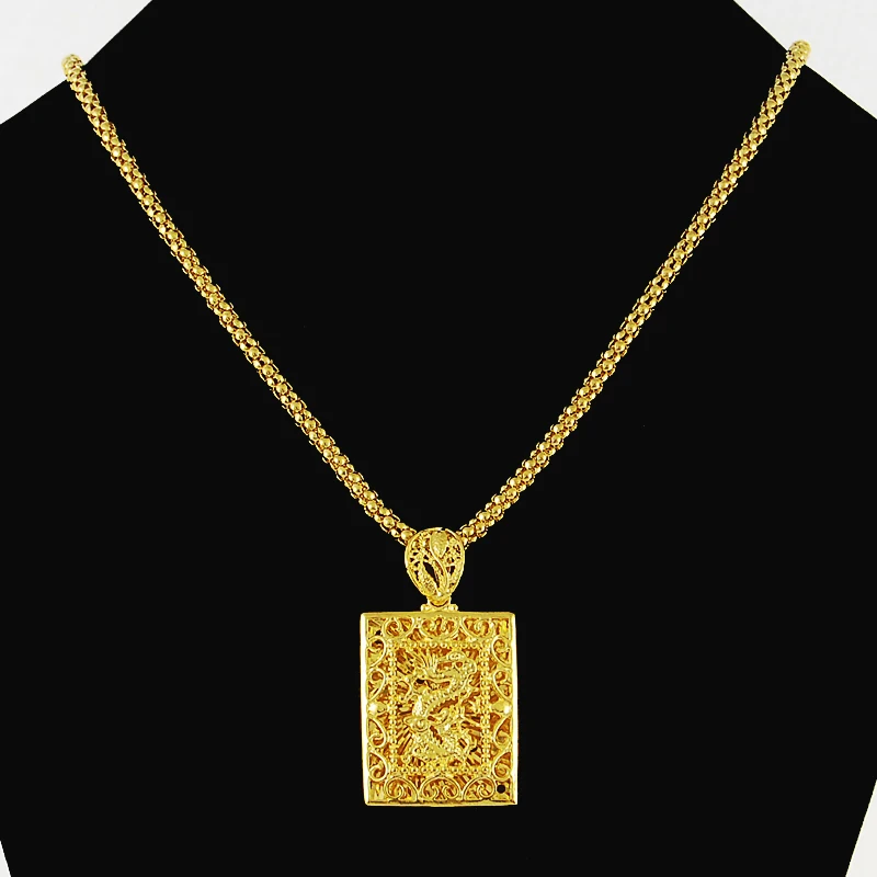 

Fashion 24K Yellow Gold Color Pendant Necklace Popcorn Chain Engraved Vintage Dragon Pattern for Men Hiphop Punk Rap Jewelry