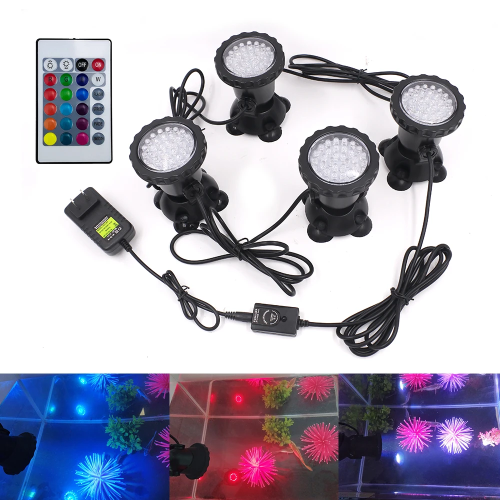 1Set 36 LED Underwater Spotlight IP68 Waterproof LED Lamp with Remote Control for Garden Aquarium Landscape Tank Fountains Pond underwater led