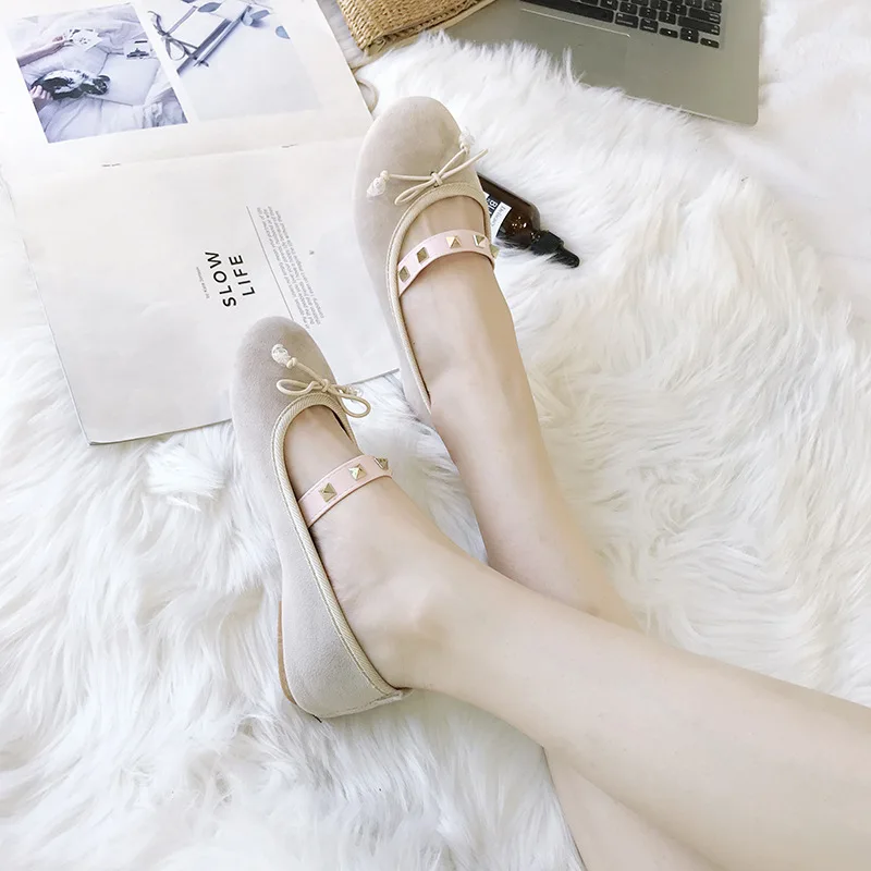 Unie 2018 Mode Confortable Tête Et Douce Arc Couleur Doux Plat Casual Automne Nouvelle Simple Chaussures Beige Ronde Femmes Chaussures rose Rivet ESqr4XwSOW