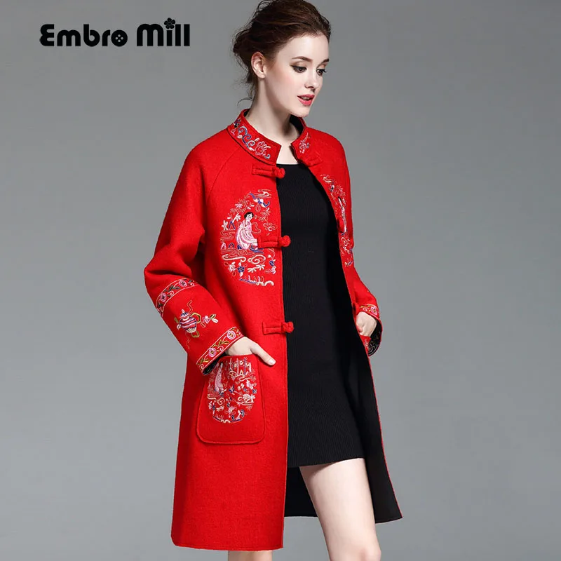 

High-end winter trench coats for women Windbreaker plus size vintage Elegant lady wool embroidery floral overcoat female S-4XL