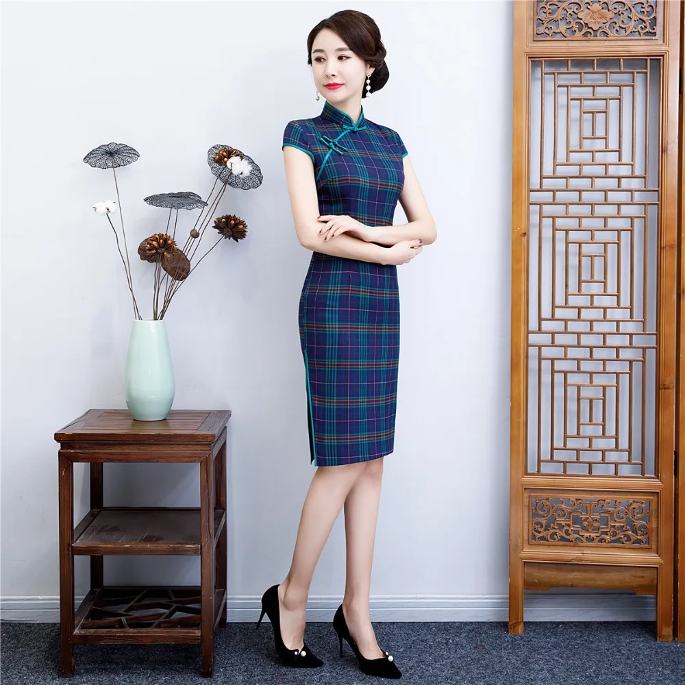 Шанхай история короткий рукав Qipao колено китайское платье Весна Лето решетки Cheongsam плед Qipao платье для женщин
