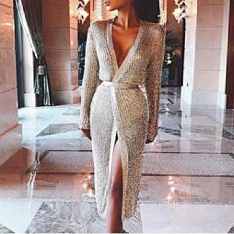 

Newest Women Long Sleeve Dress 2018 Fashion Long Sleeve Gold Sexy Hollow Out Chic Midi Evening Party Dress Beach Dress Wholesale