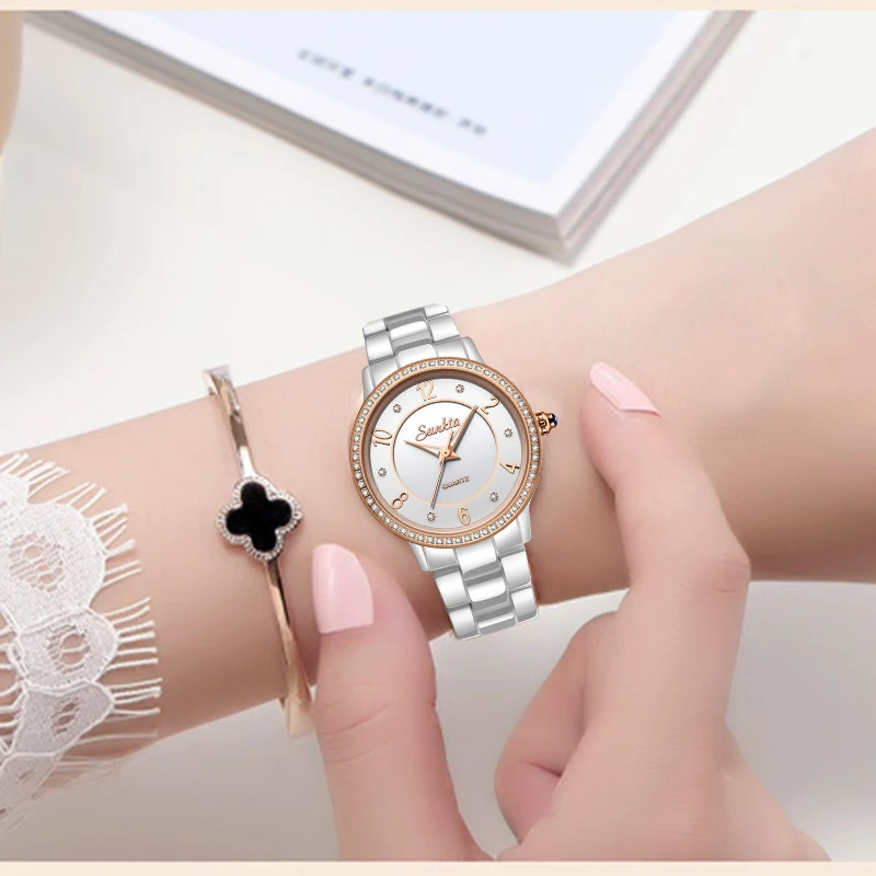 

SUNKTA White Ceramic Women Watch Top Brand Luxury Fashion Simple Waterproof Watches women Bracelet Quartz Watch Relogio Feminino