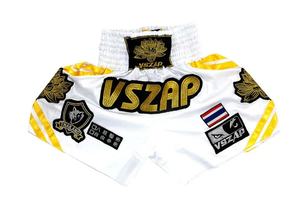 VSZAP Муай Тай брюки Для Мужчин's боксерские трусы с принтом шорты MMA бороться Grappling Короткие полиэстер удар гель боксерские шорты для тайского бокса - Цвет: Белый