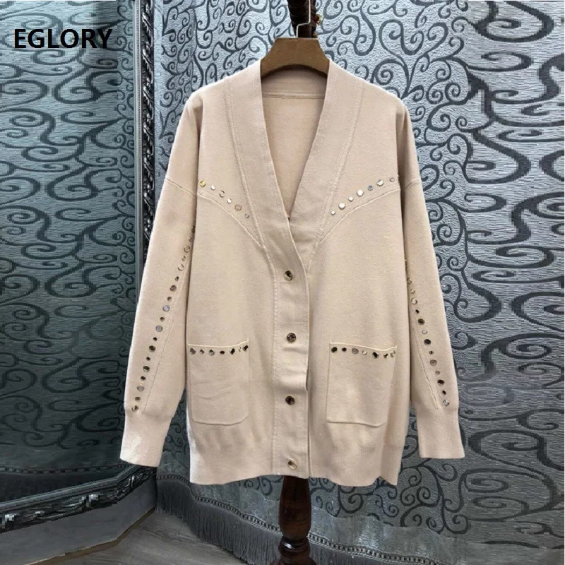 

2019 Autumn Winter Fashion Sweater Cardigans Women V-Neck Studs Beading Long Sleeve Casual Knitted Cardigan Coat Female Knitwear