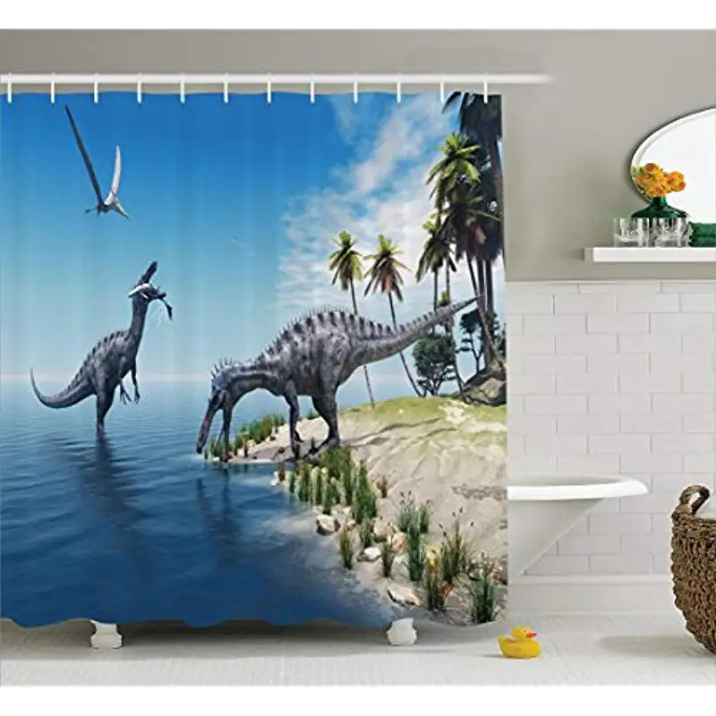 

Jurassic Decor Large Fish Caught by a Suchomimus Dinosaur Flying Pterosaur Dinosaur Fabric Shower Curtains