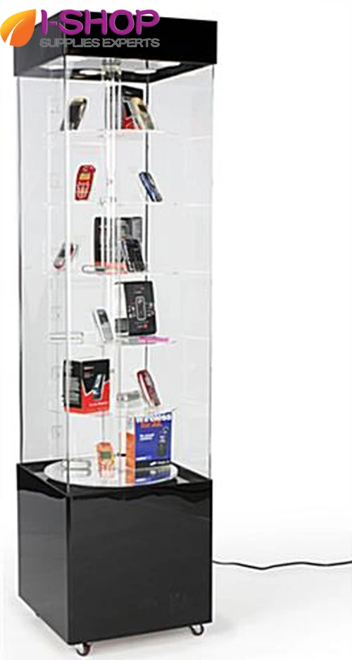 18.5" acrylic display case motorized rotating black shelves with mirror