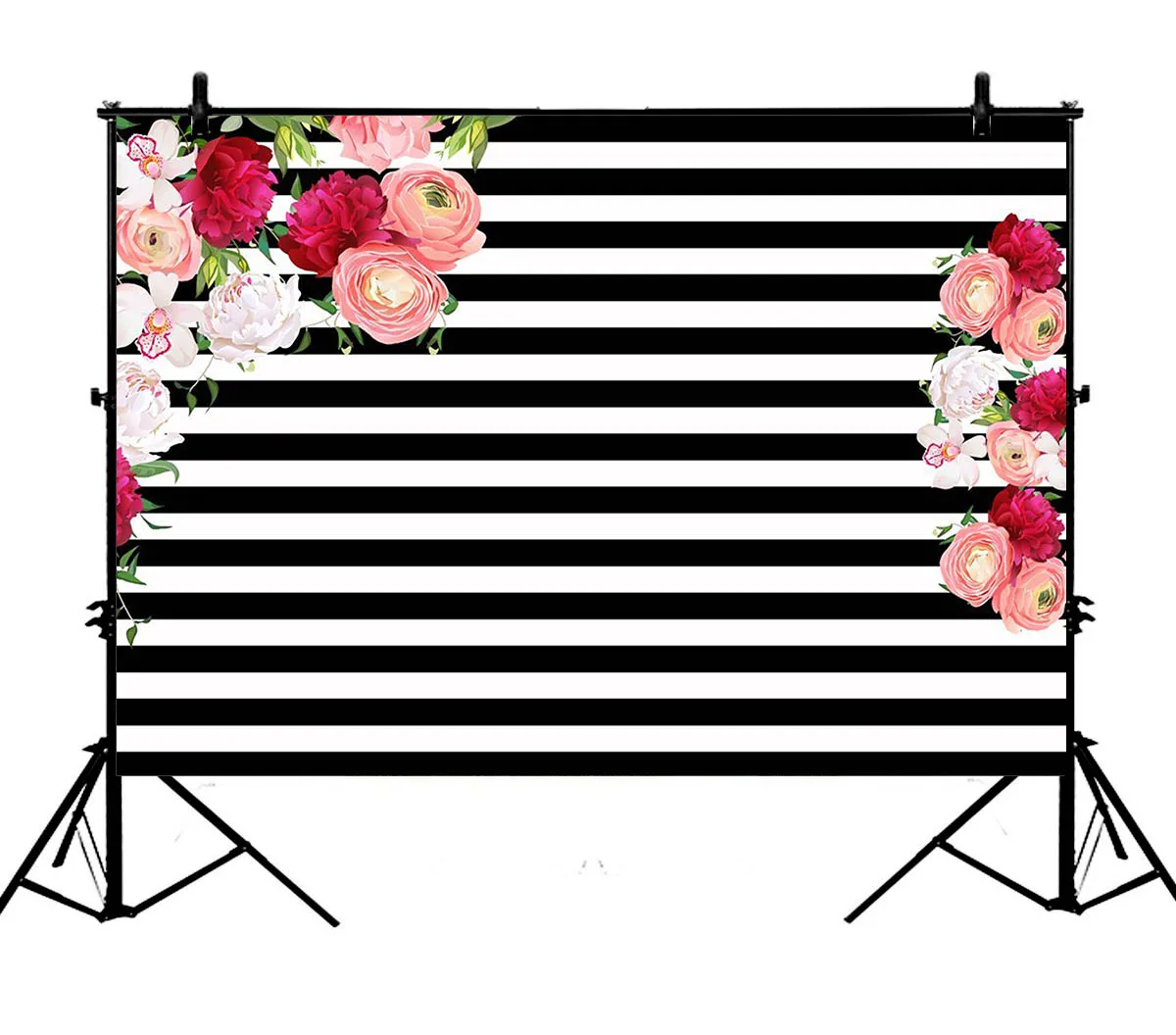 

5x7ft Birthday Banner Black White Stripes Rose Flower Floral Polyester Photo Background Portrait Backdrop