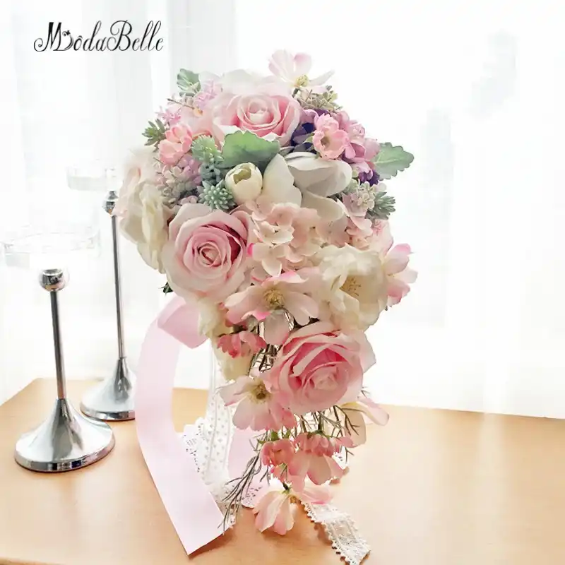 Dreamlike Pink Brooch Bouquet Waterfall Bridal Flowers Countryside