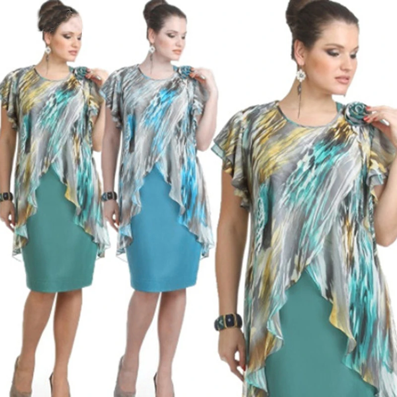 

Chiffon Ruffles Fashion Women's Dress Plus Size Summer Elegant Dress Women's Clothing Knee-Length Fake Two-Piece Dress