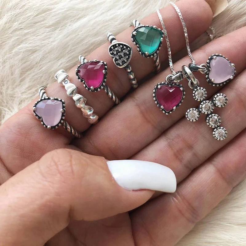 

Women Necklaces Delicate Cross Heart-shaped Colored Crystal Silver Necklace Set Bohemian Female Beach Party Jewelry Accessories