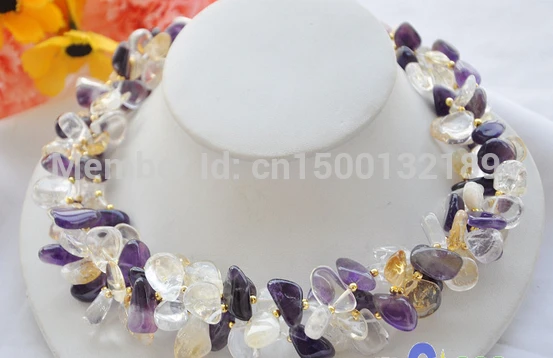 

j00496 3row 18" nature Amethyst citrine clean crystal Gravel NECKLACE